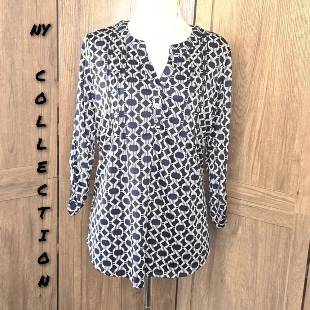 NY Collection Navy Geometric Print Split Neck Blouse XL